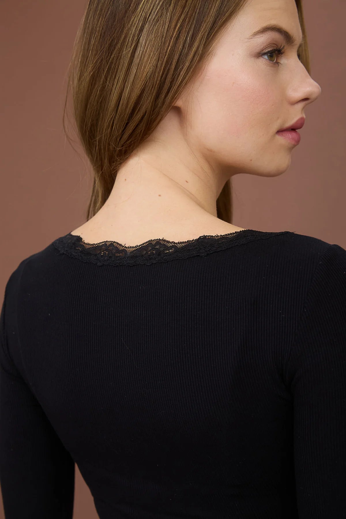 Lace Trim Button Detail Long Sleeve Top