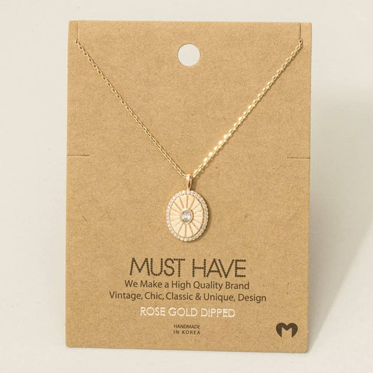 Gold Dipped Intricate Cz Halo Oval Pendant Necklace