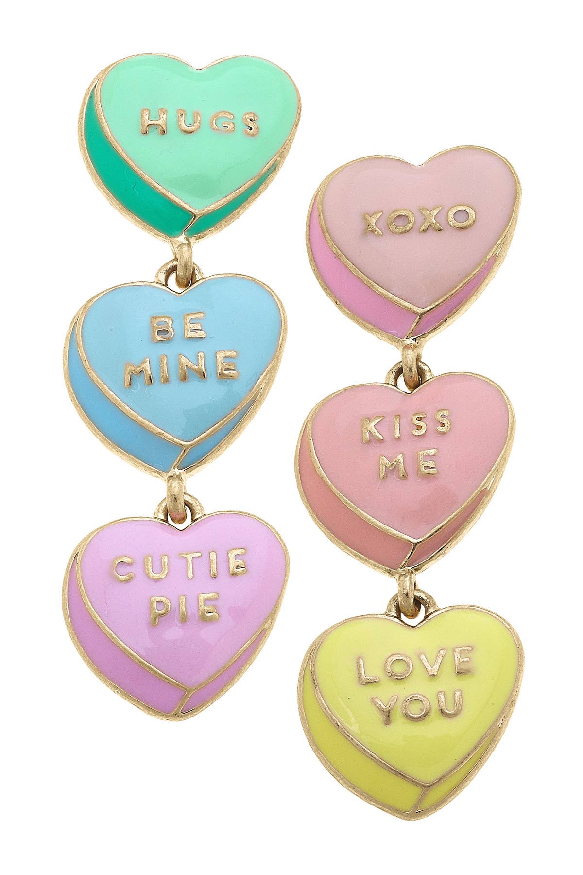 A pair of enamel earrings with gold plating, featuring pastel colors and heart shapes with various affectionate phrases written on them.