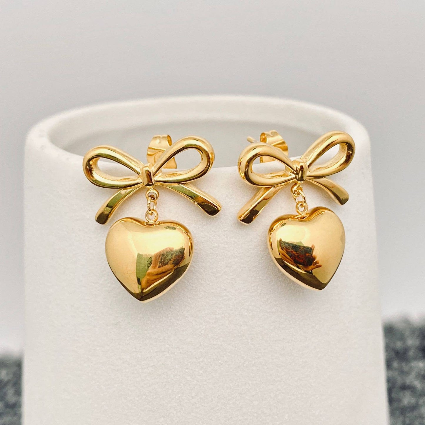 18K Gold Plated Heart Shape Charm Bow Post Earrings