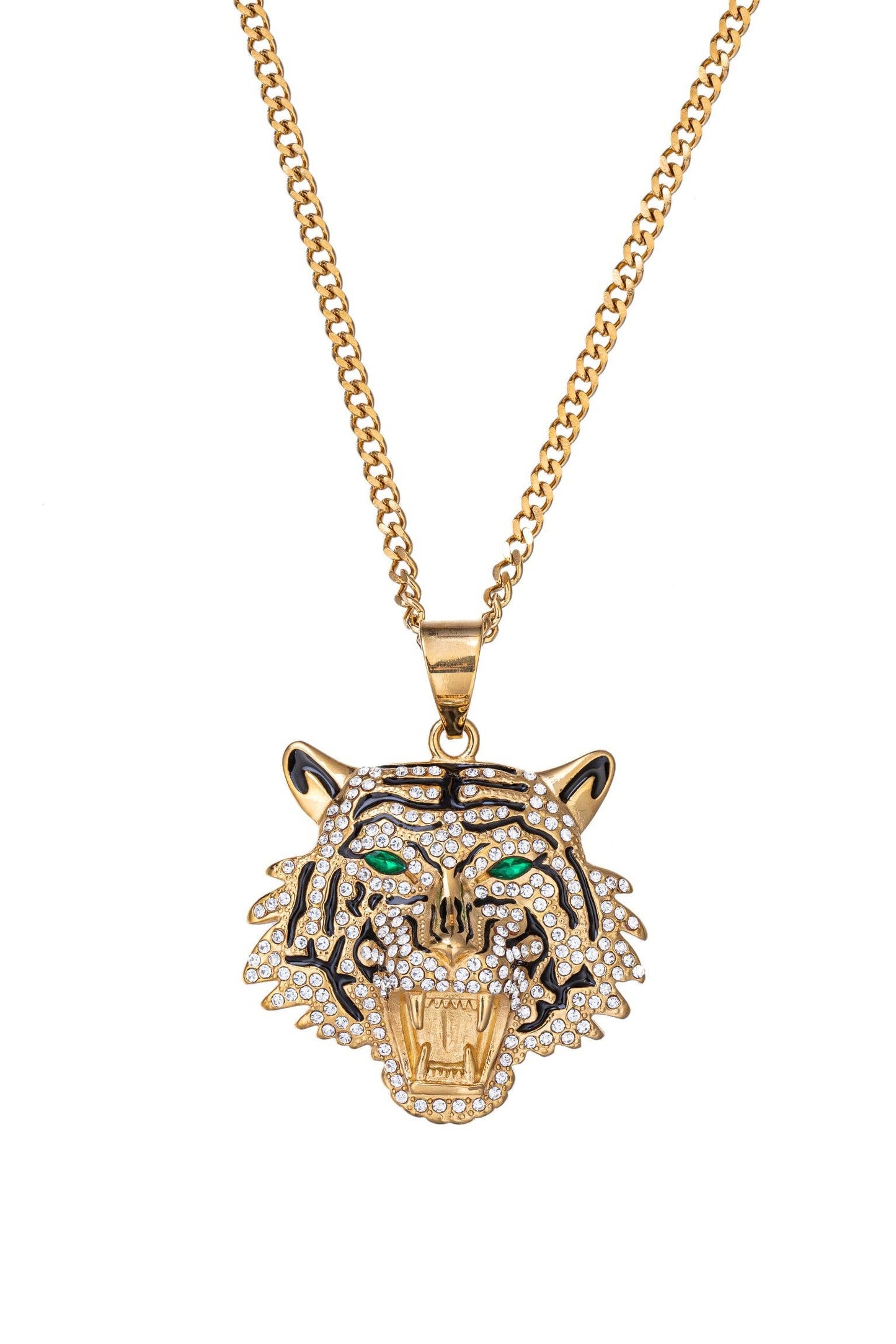 A gold-tone titanium necklace with a fierce tiger head pendant studded with zirconia crystals.