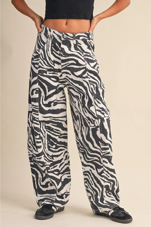 Zebra Print Denim Barrel Pants