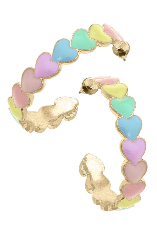 A pair of Valentine's Day themed enamel hearts hoop earrings in pastel multi colors with gold plating.
