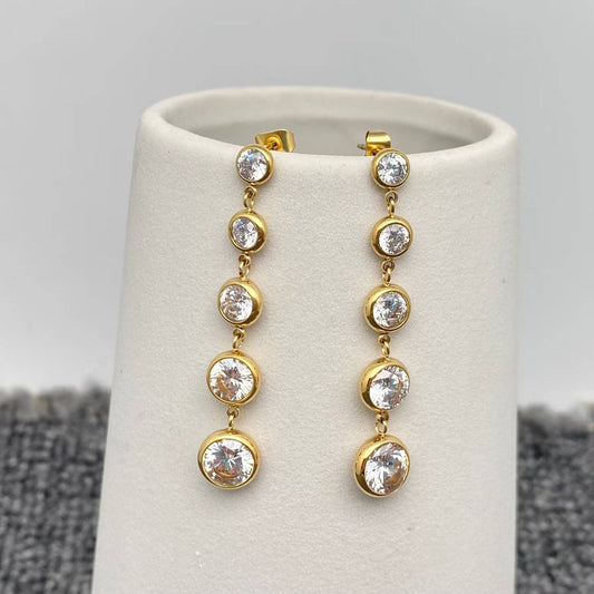 Zircon Linked Fringe 18K Golden S.Steel Post Earrings