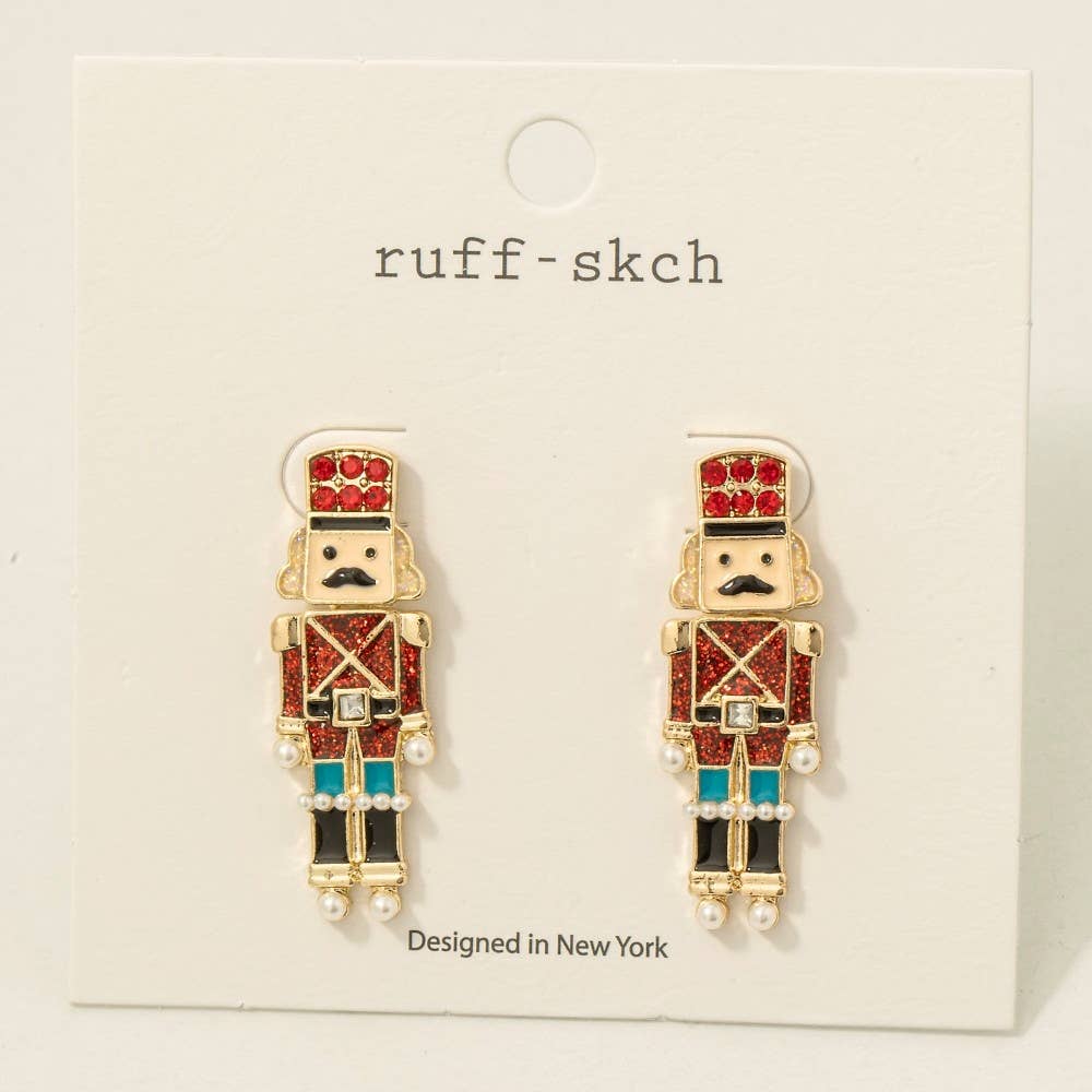 Christmas Glitter Enamel Nutcracker Drop Earrings