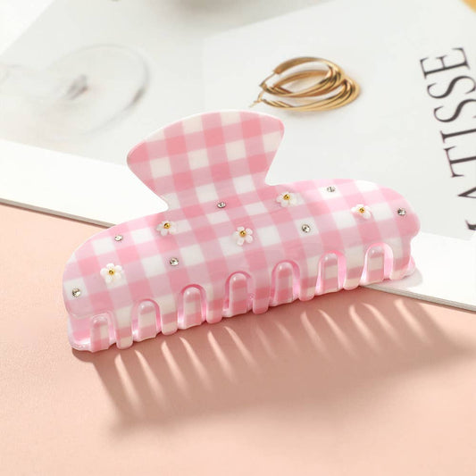 Gingham Plaid & Daisy Embellished Acrylic Hair Claw Clips