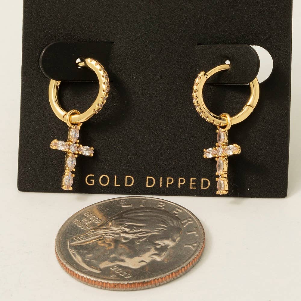 Gold Dipped Baguette Cross Charm Hoop Earrings