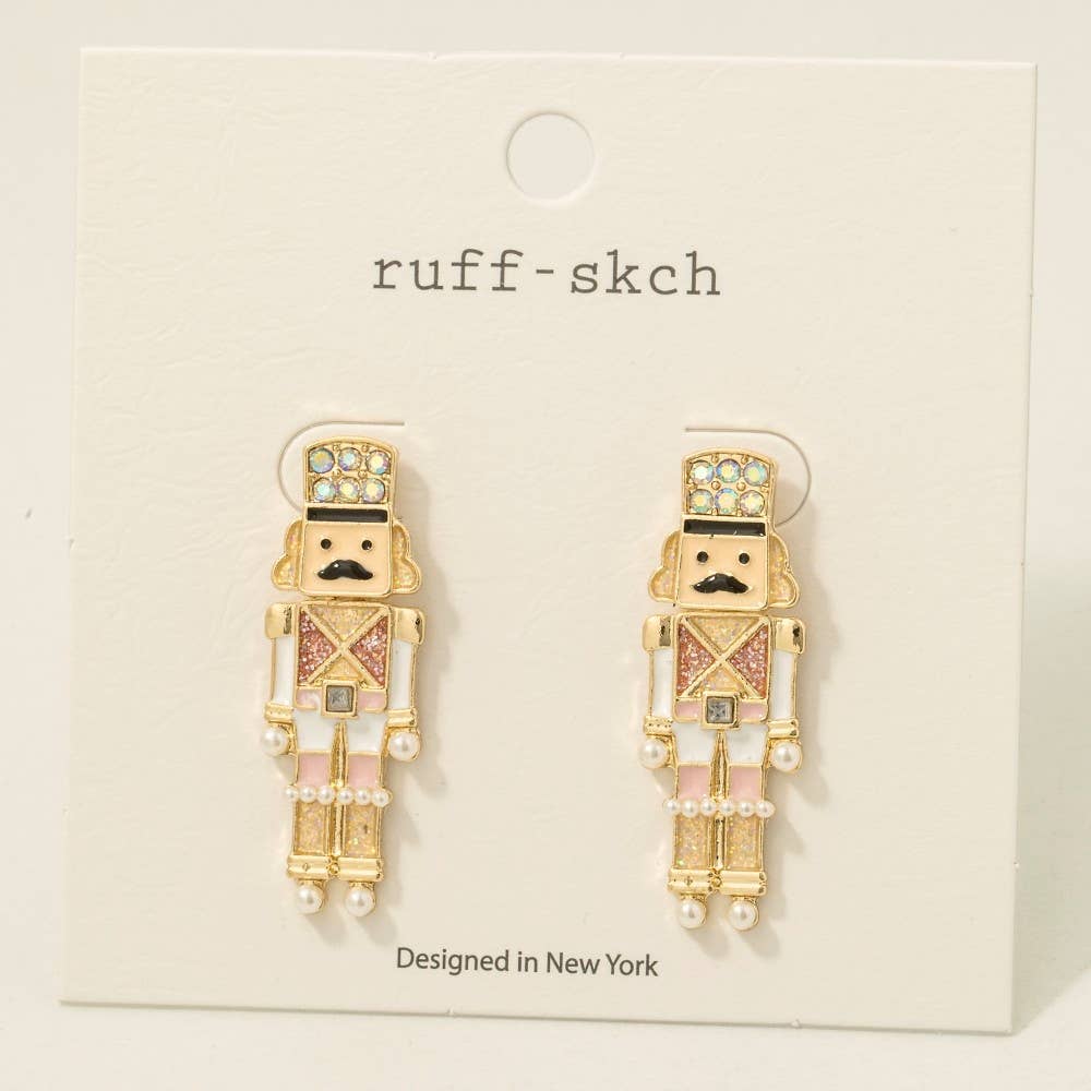Christmas Glitter Enamel Nutcracker Drop Earrings