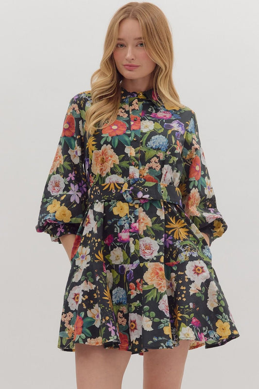 Midnight Garden Party Belted Mini Dress