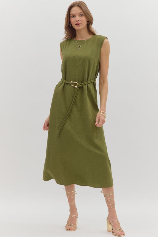 Sage Belted Midi Dress