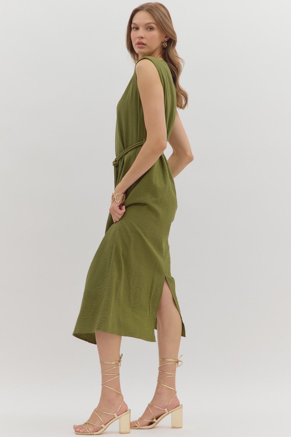 Sage Belted Midi Dress