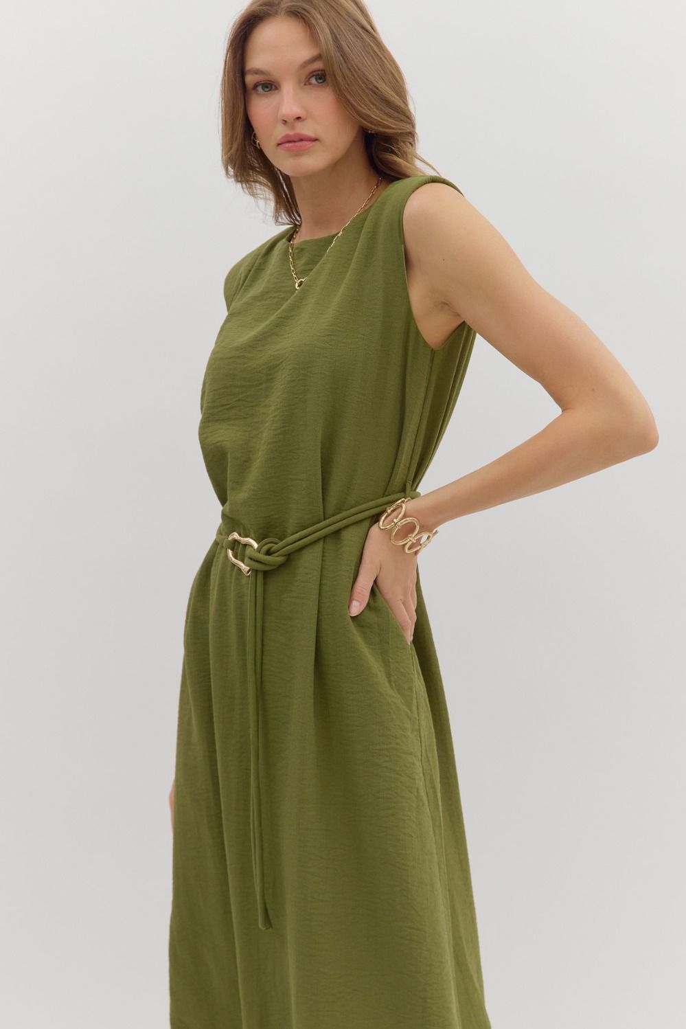 Sage Belted Midi Dress