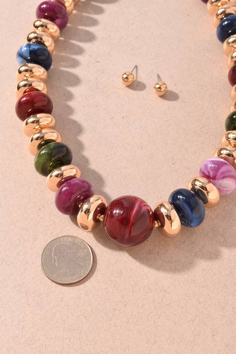 Multi Color Resin & Gold Beaded Statement Necklace Set