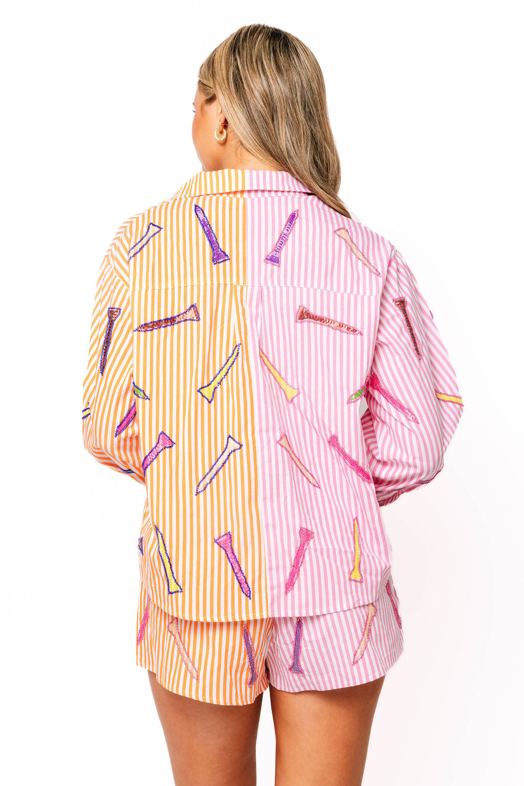 Pink & Orange Striped Colorblock Golf Club Button Up