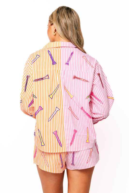 Pink & Orange Striped Colorblock Golf Club Button Up