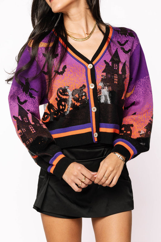 Queen of Sparkles Purple Halloween Scene Cardigan