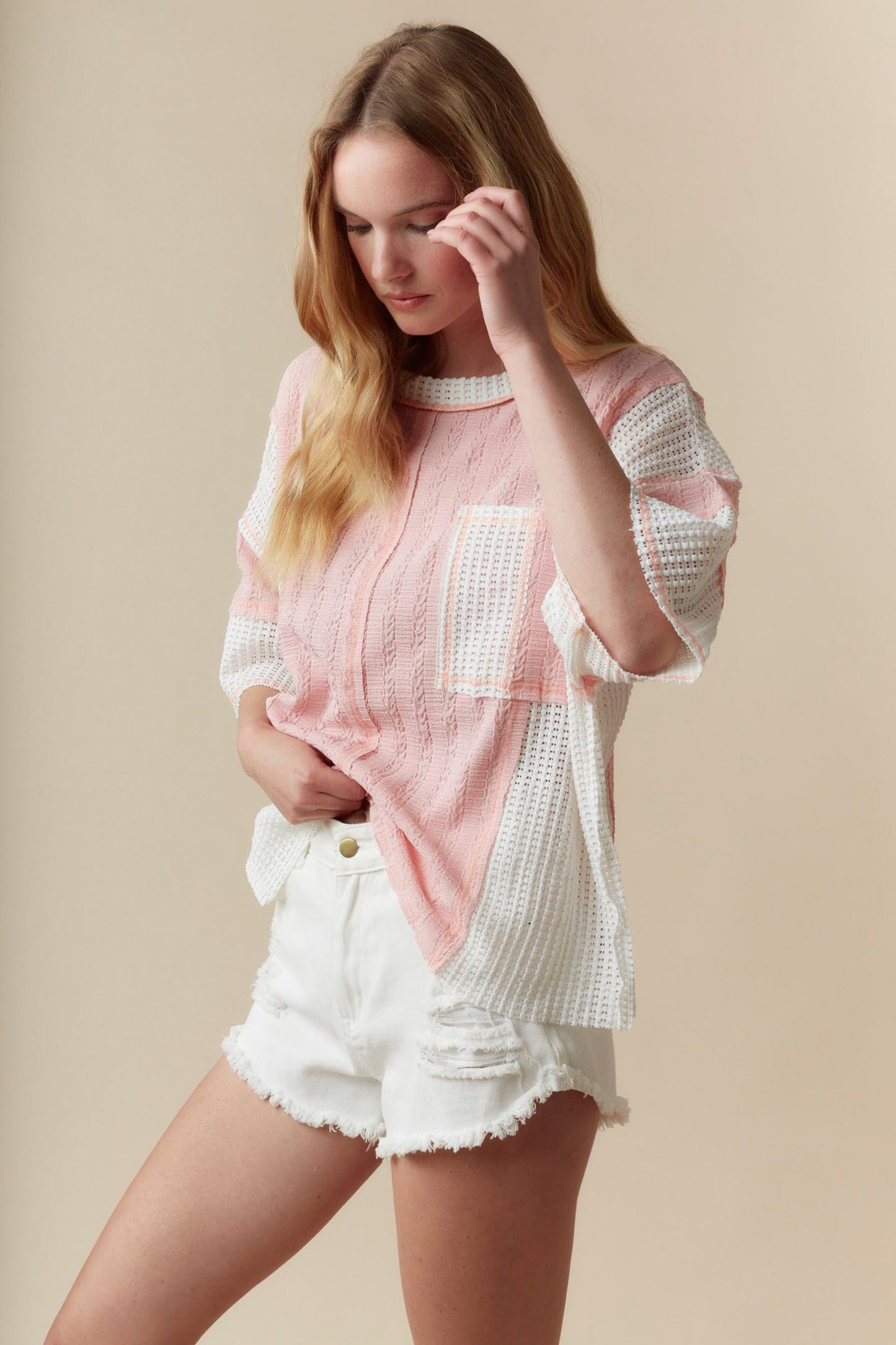 Cindy Pink & Cream Pocket Tee