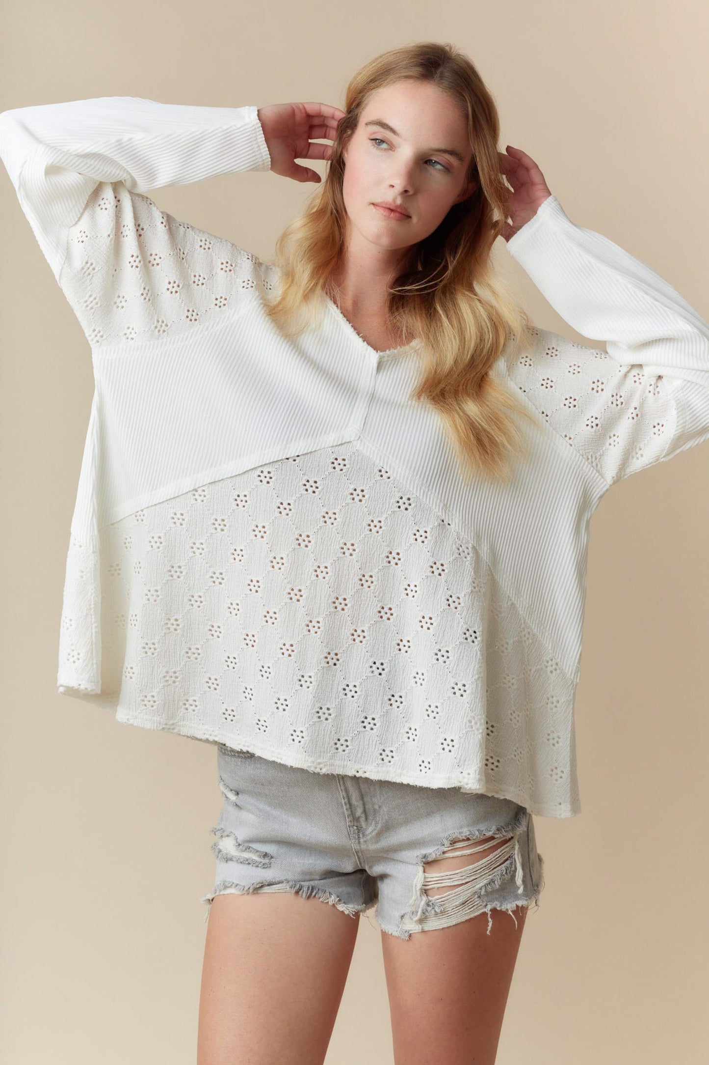Poppy Long Sleeve V-Neck Eyelet Top