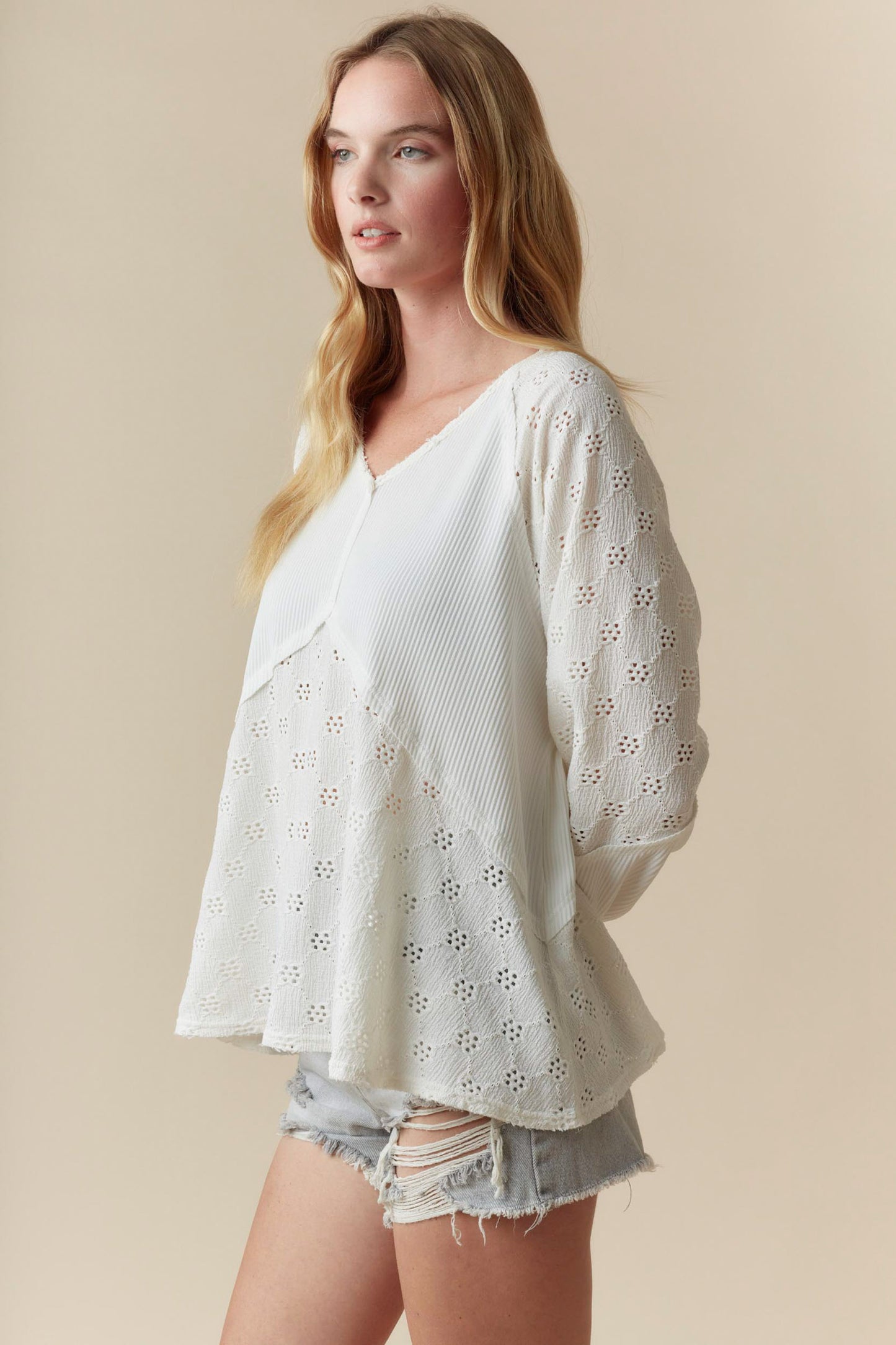 Poppy Long Sleeve V-Neck Eyelet Top