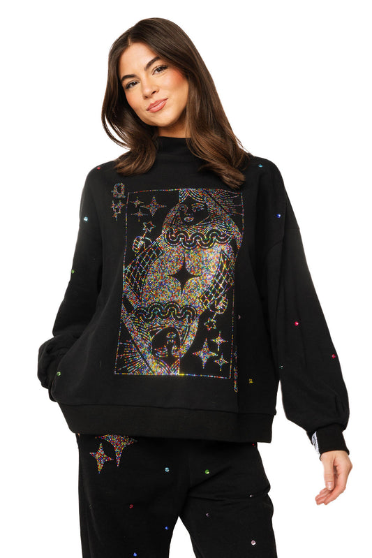 Black Rainbow Rhinestone QOS Card Logo Mock Neck Sweatshirt