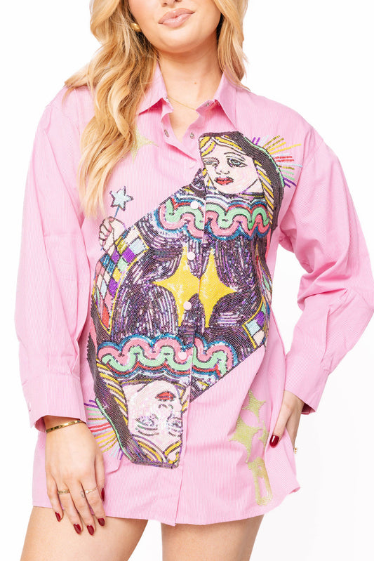 Pink Queen Card Button Up Collar Tunic