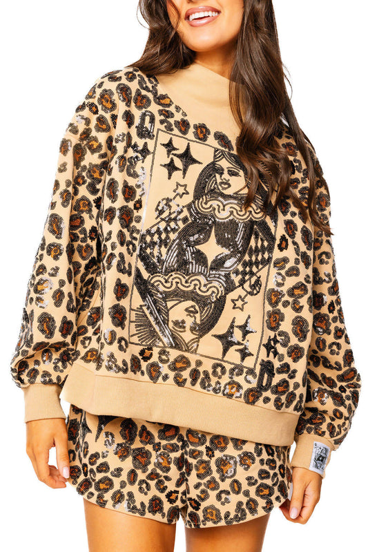 Tan Leopard Print QOS Card Logo Sweatshirt