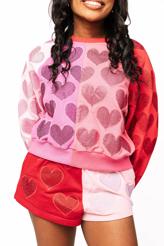 Colorblock Rhinestone Hearts Sweatshirt