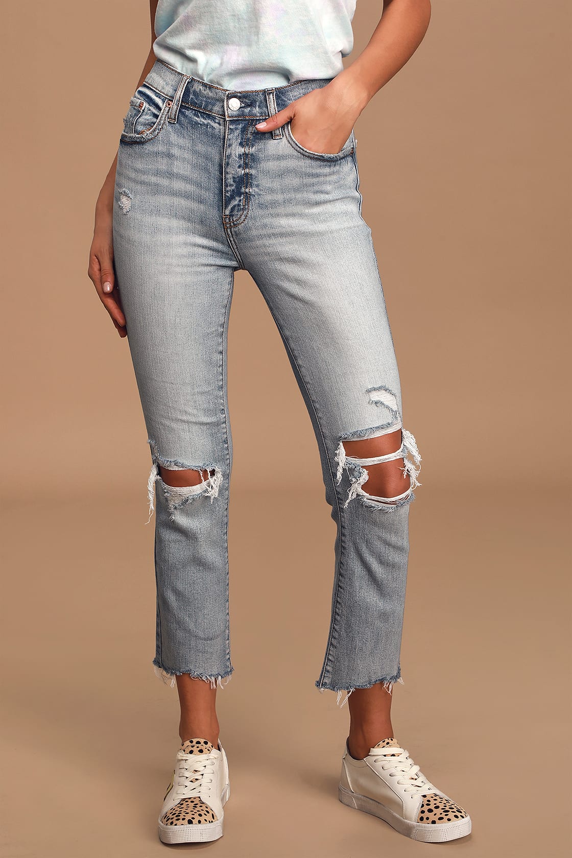 Shy Girl White High-Waisted Cropped Distressed Flare Jeans