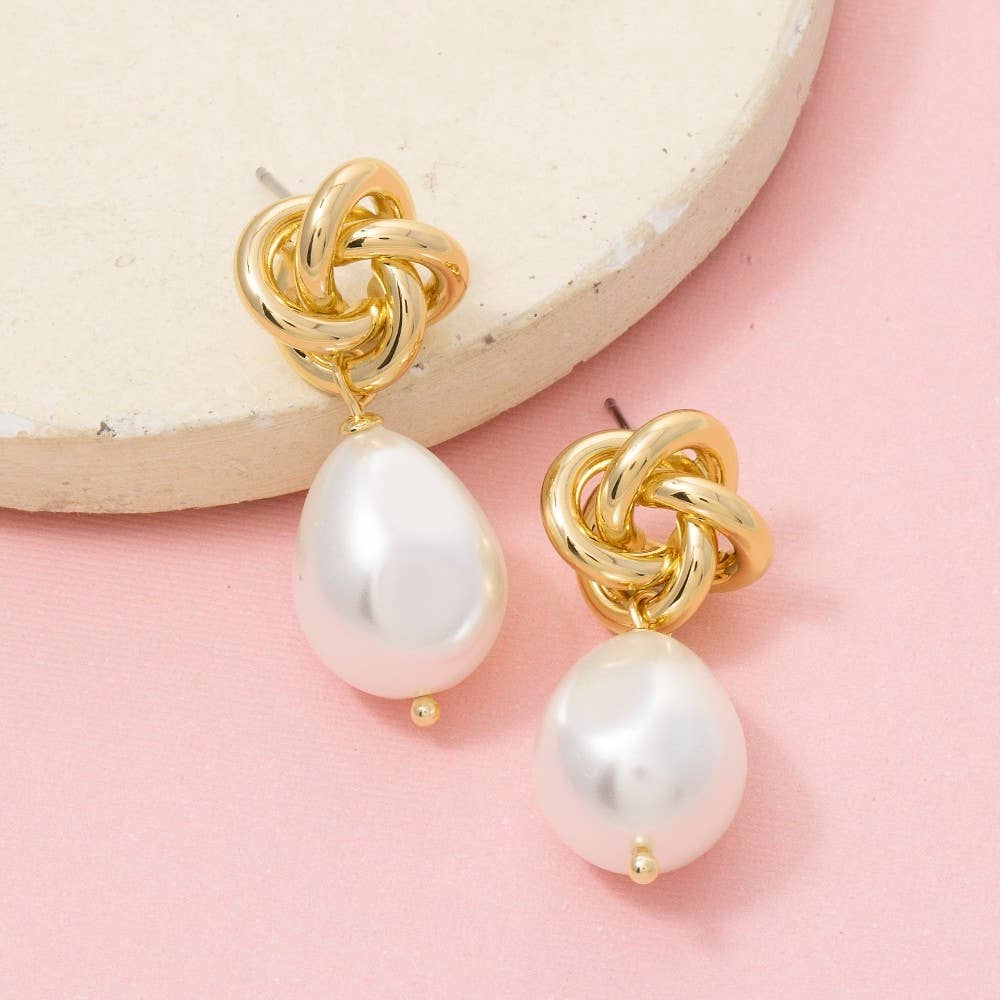 Gold Dipped Knot And Pearl Bead Stud Dangle Earrings