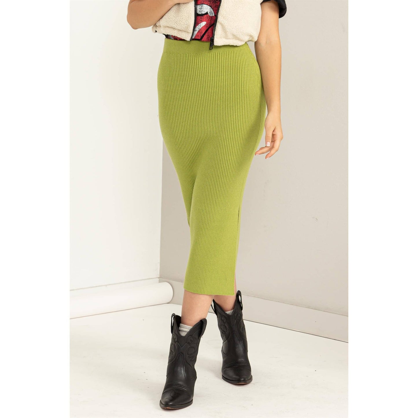 Pale Olive High-waist Ribbed Midi Skirt