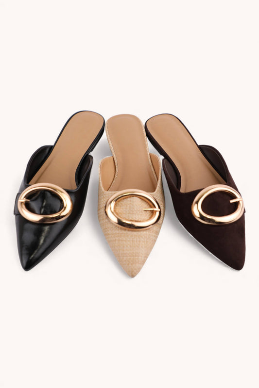 Jamie Modern Gold Buckle Pointed Toe Mules Black