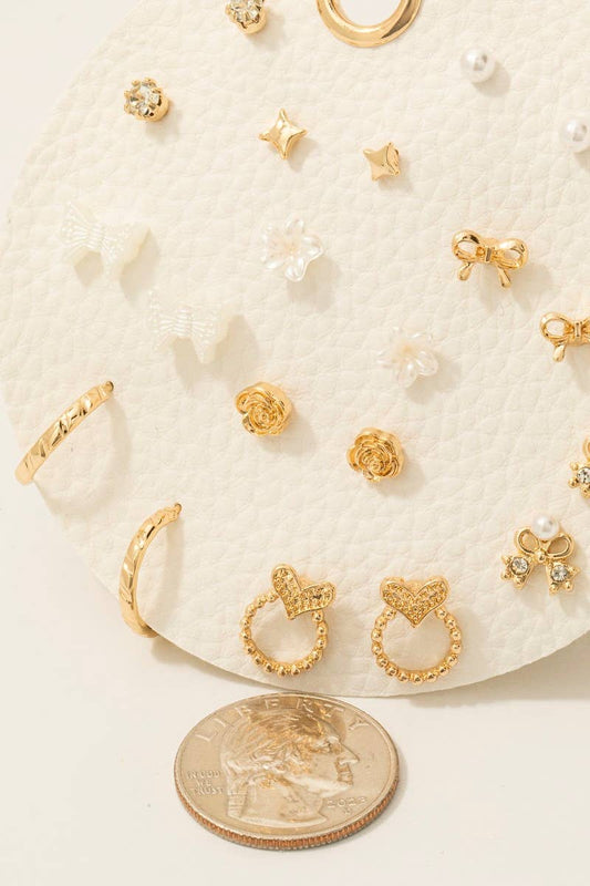 Heart Pearl Bow Butterfly Floral Stud And Hoop Earrings Set