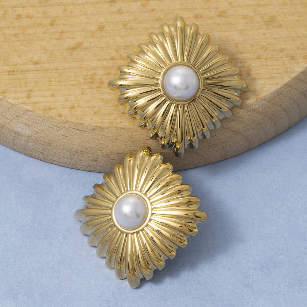 Gold Dipped Starburst Diamond Pearl Stud Earrings