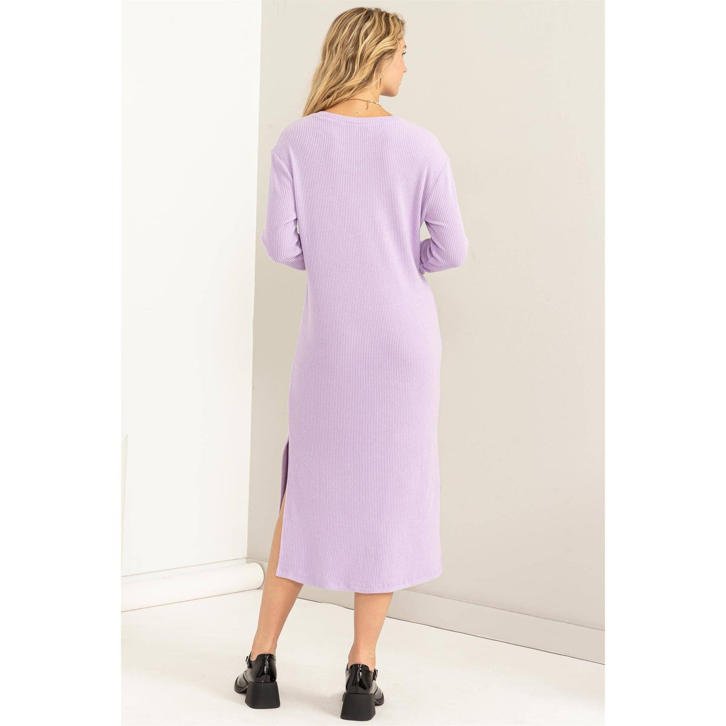 Lavender Ribbed Long Sleeve Midi Dress