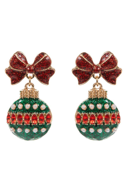 Red and Green Rhinestone Bow and Ornament Earring