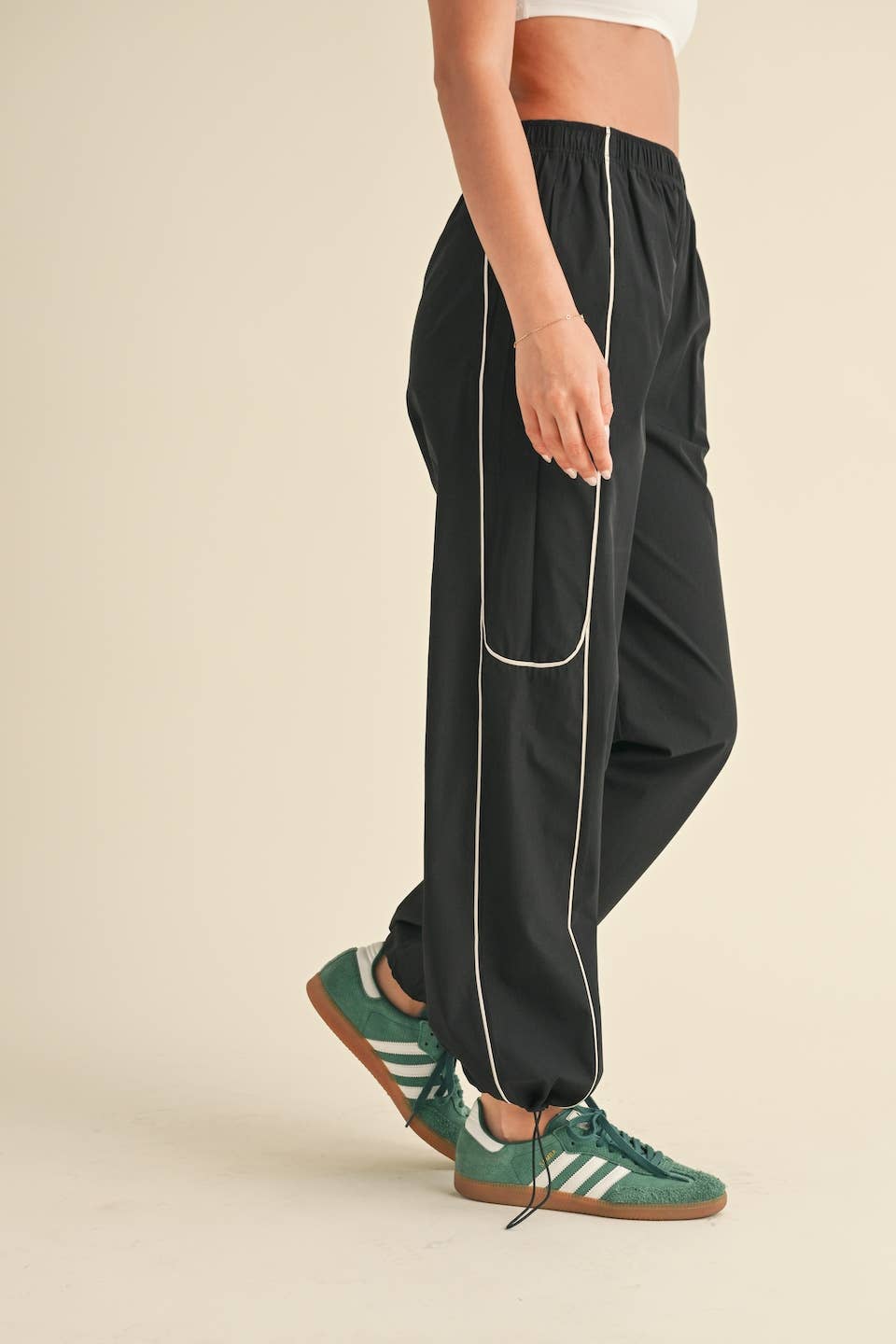 Black Nylon Track Pants with Contrast Piping