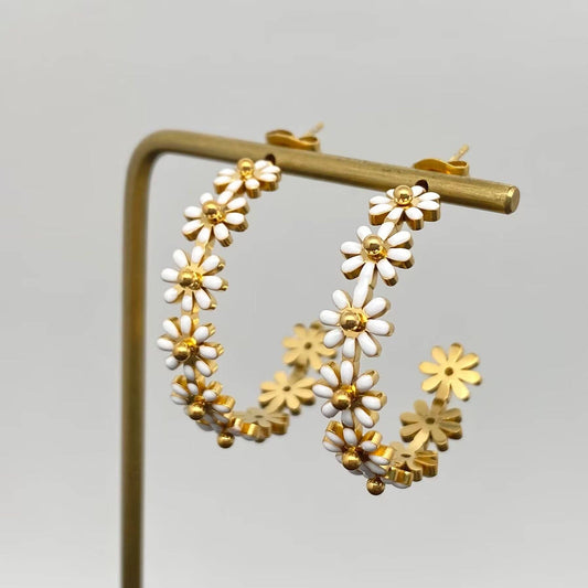Enamel Daisy 18K Hoop Earrings