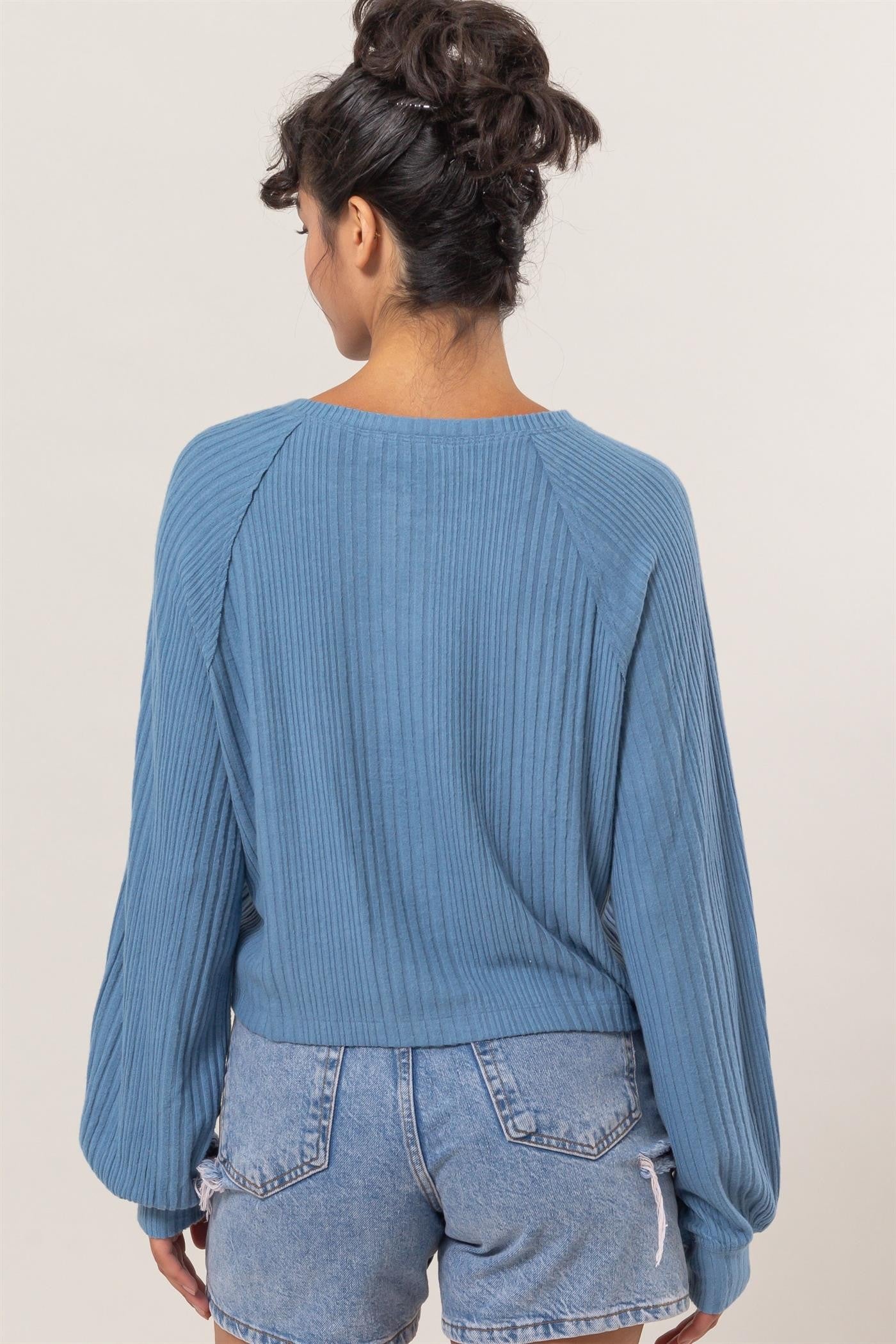 Blue Ribbed Oversized Henley Top