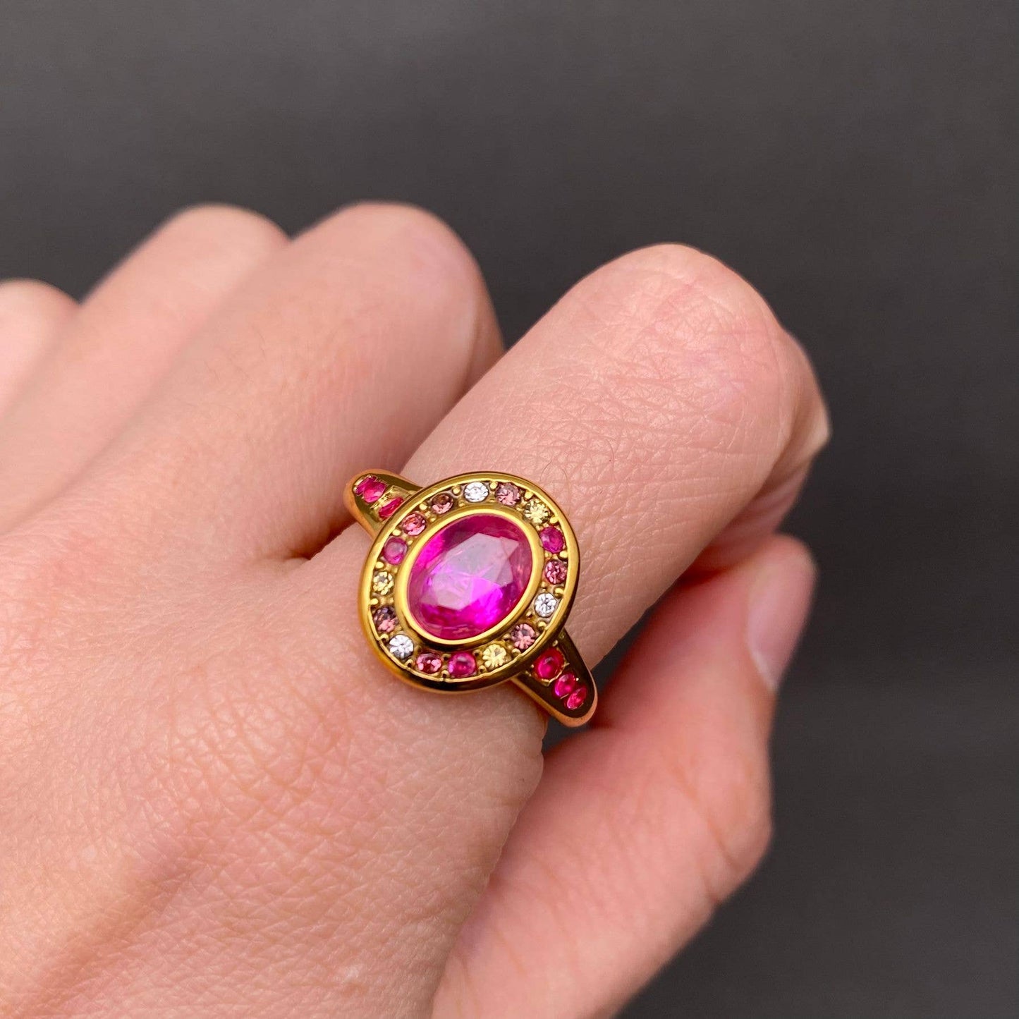 Zircon Inlaid 18K Gold Plated Stainless Steel Oval Ring
