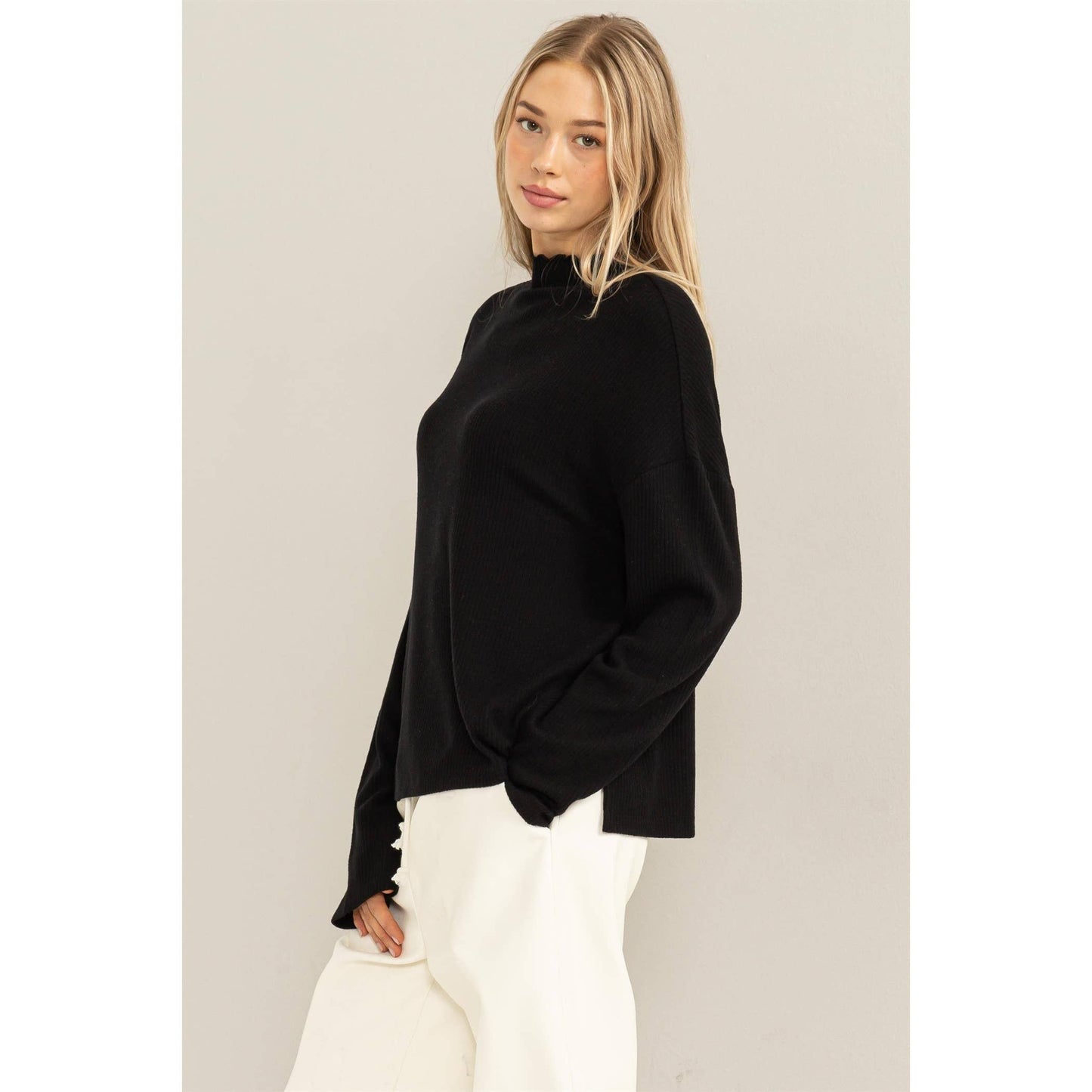 Black Oversized High Neck Top With Side Slit