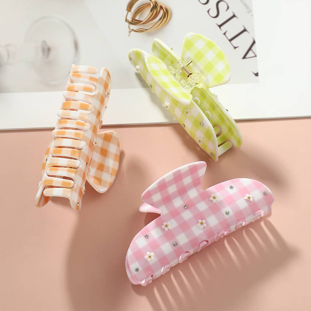 Gingham Plaid & Daisy Embellished Acrylic Hair Claw Clips