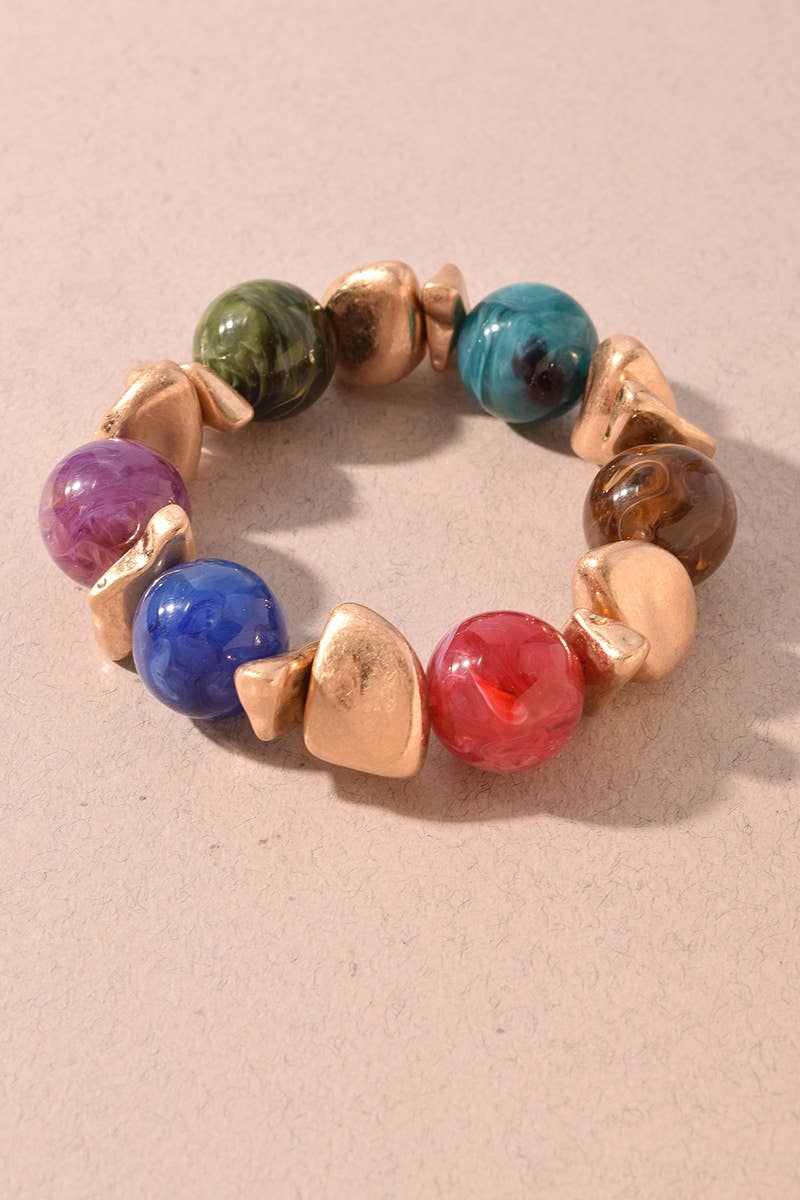 Multi Color Resin & Gold Nugget Beaded Stretch Bracelet