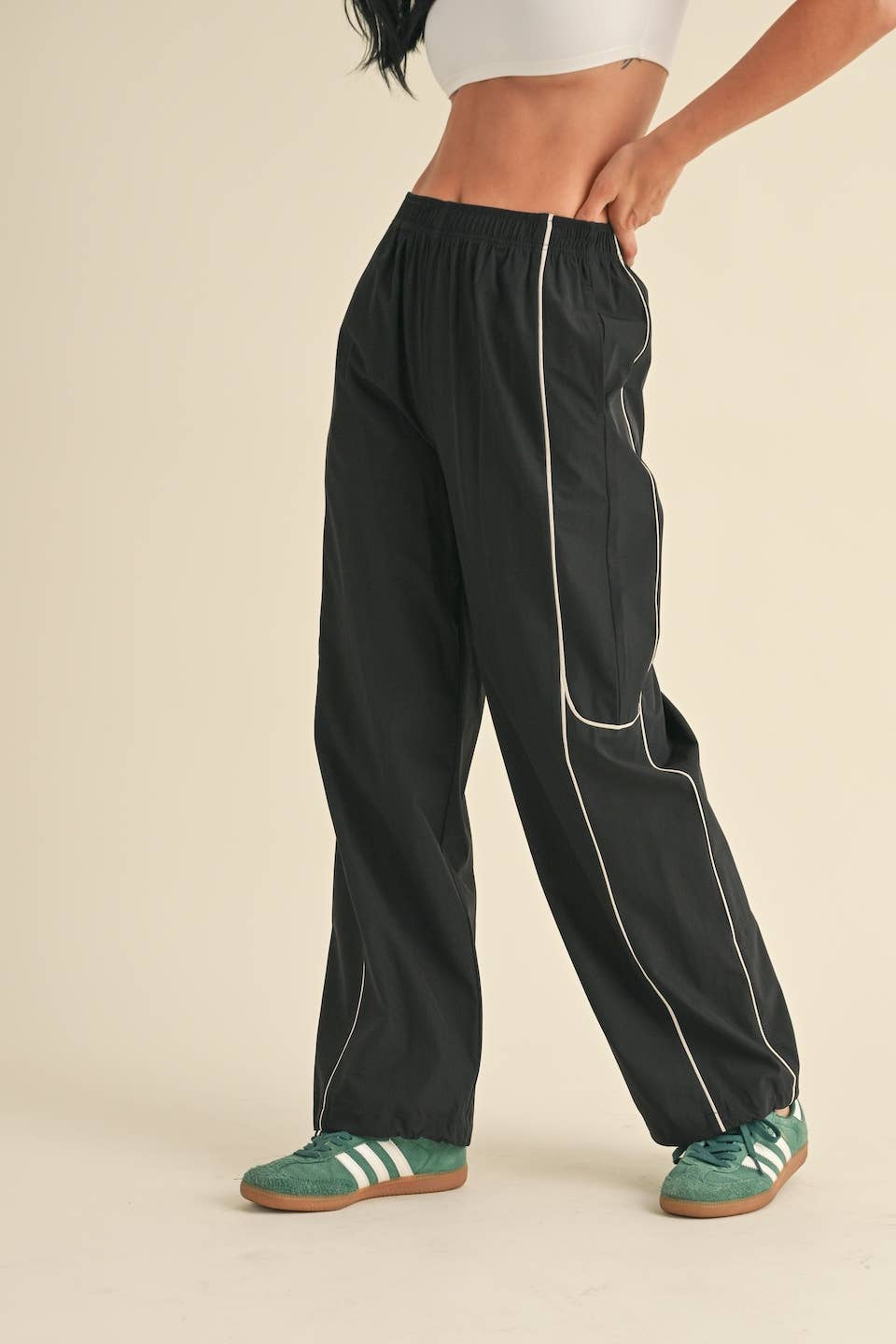 Black Nylon Track Pants with Contrast Piping