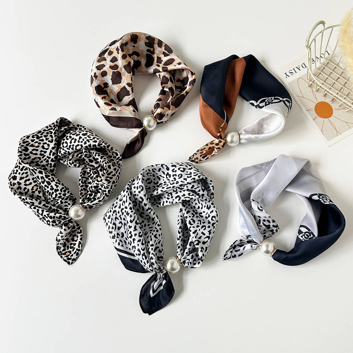 Leopard Print Scarf With Pearl Magnetic Clasp