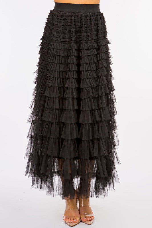 Black Tulle Ruffle Midi Skirt
