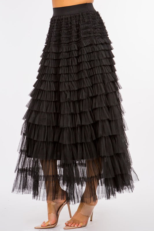 Black Tulle Ruffle Midi Skirt