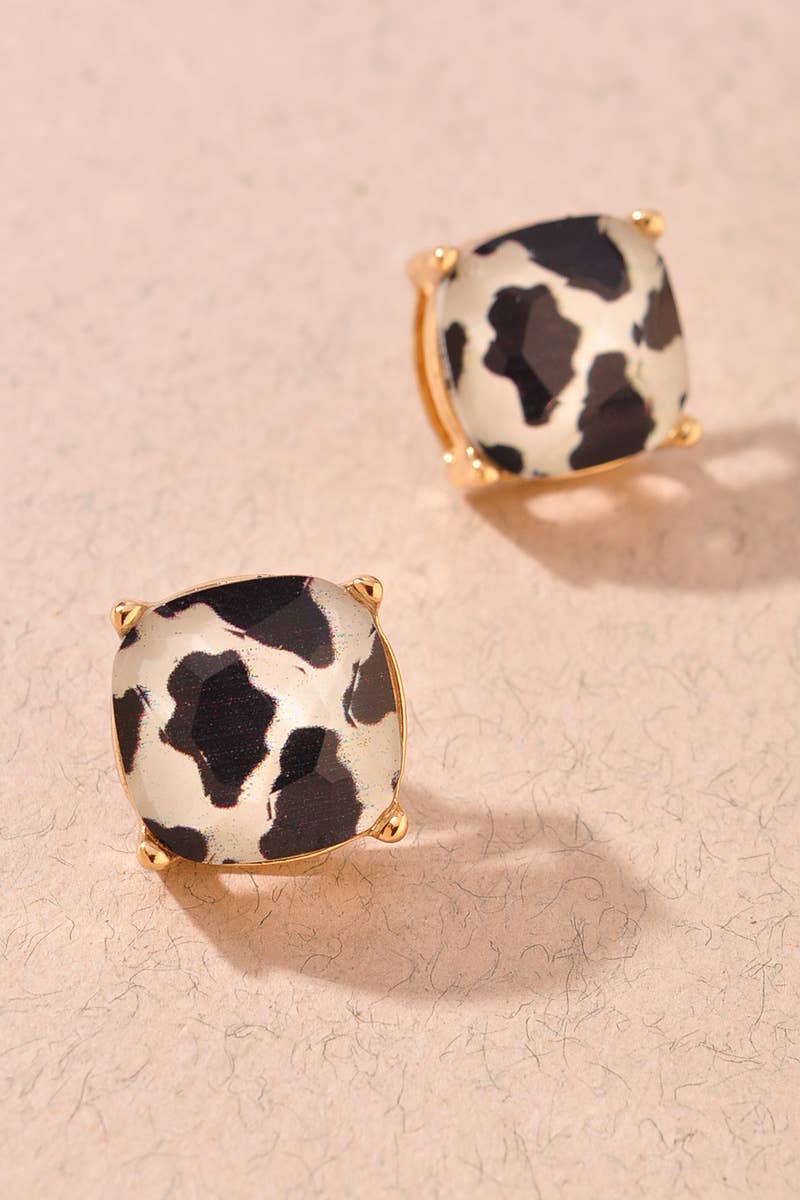 Cow Print Design Square Stud Earrings