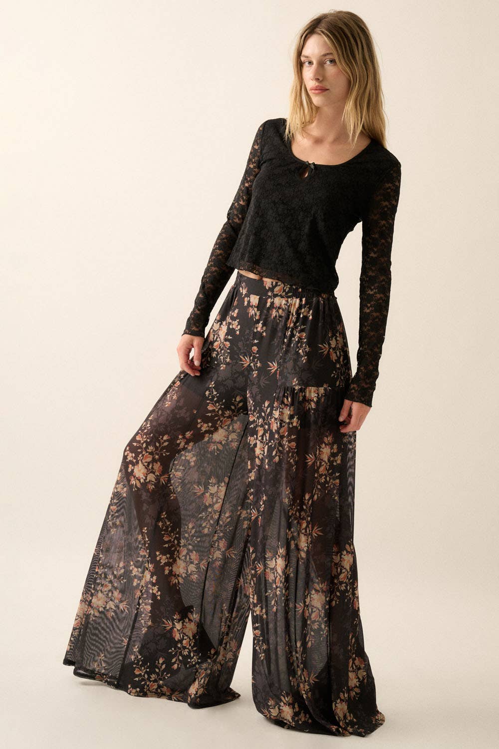 Sloan Floral Mesh Wide-Leg Pants