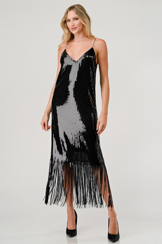 Sequined & Classy Fringe Midi Dress