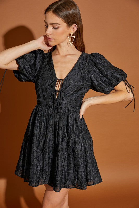 Puff Sleeve Lace Up Dress